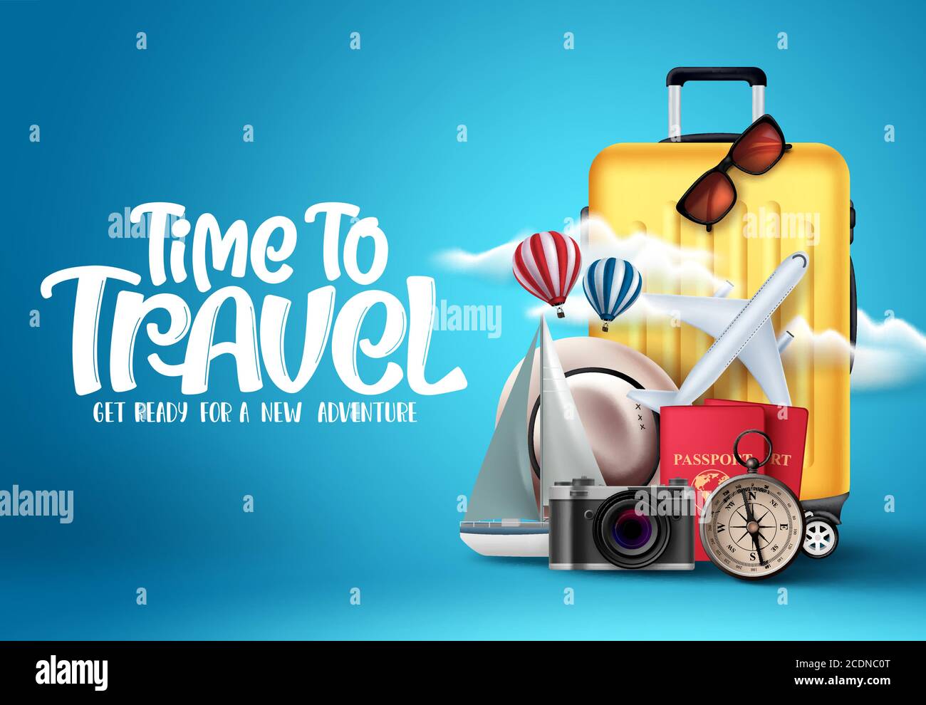 Time to travel vector design. Time to travel text in empty space with traveling elements like luggage, bags, passport, camera and compass in blue back Stock Vector