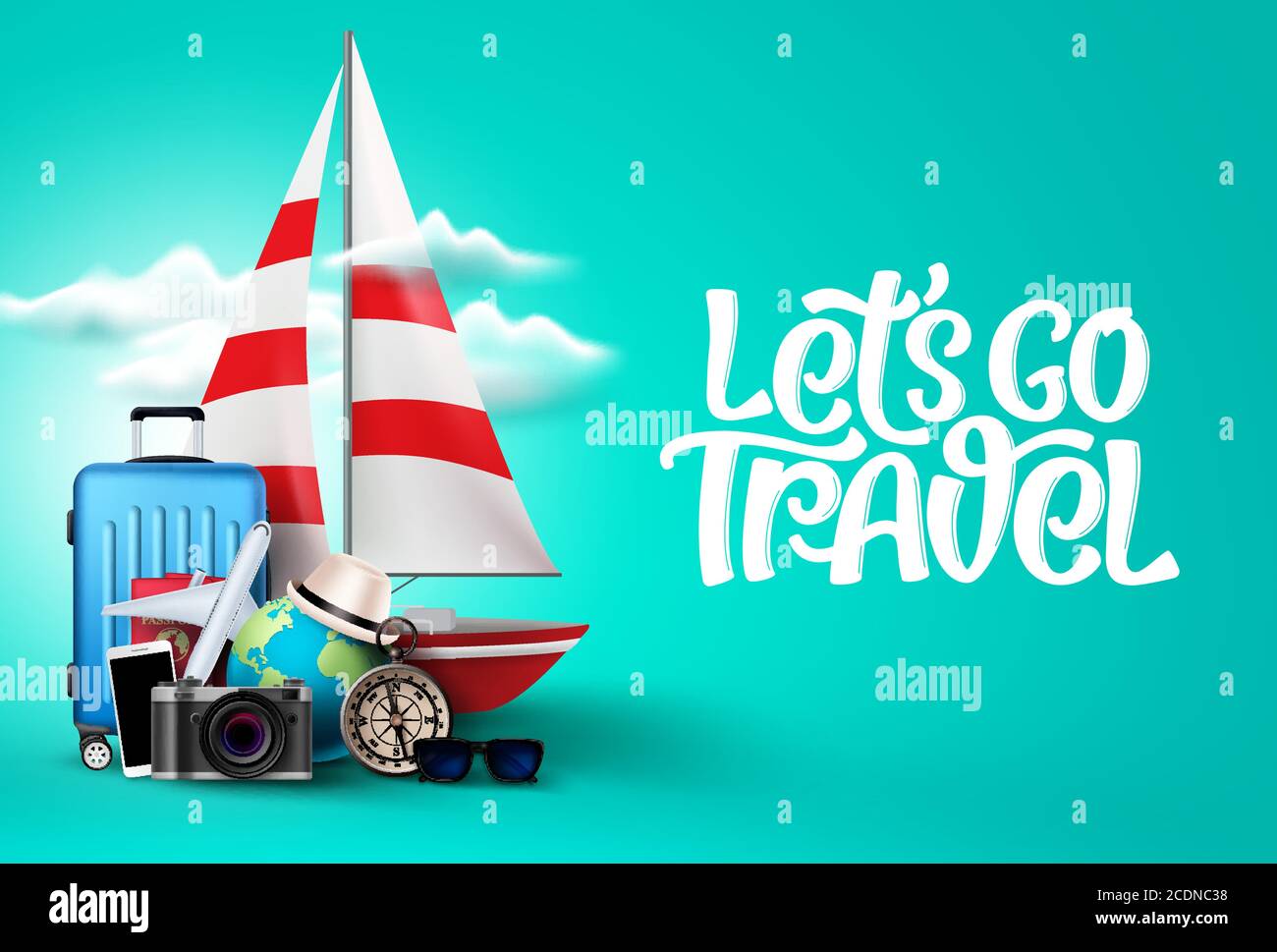 Let's go travel vector background template. Let's go travel text in empty space with travel vacation and tour trip elements like cruise ship, luggage Stock Vector
