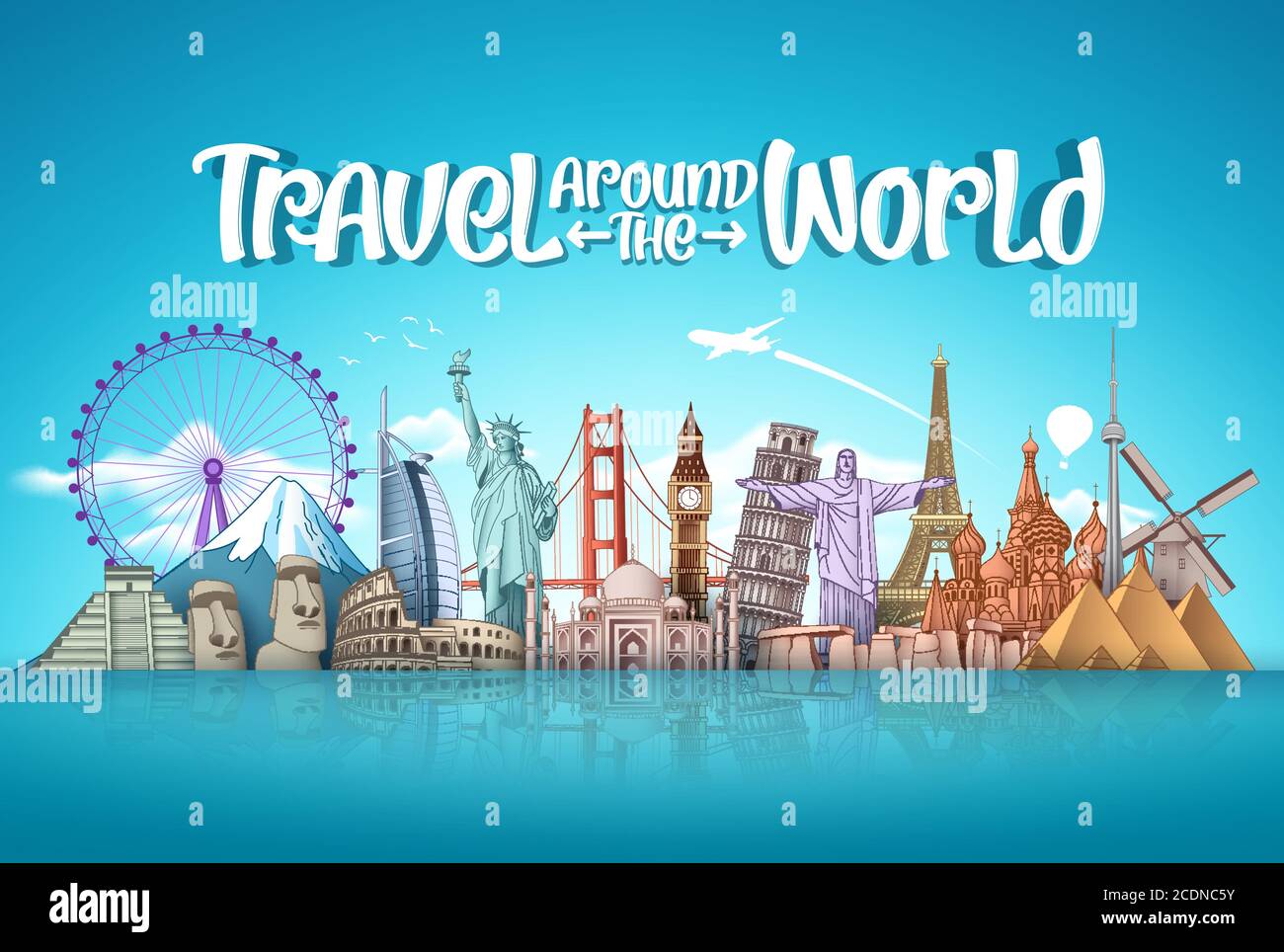 Travel around the world vector landmark design. Famous landmarks around the world elements with travel vacation text in blue background. Vector Stock Vector