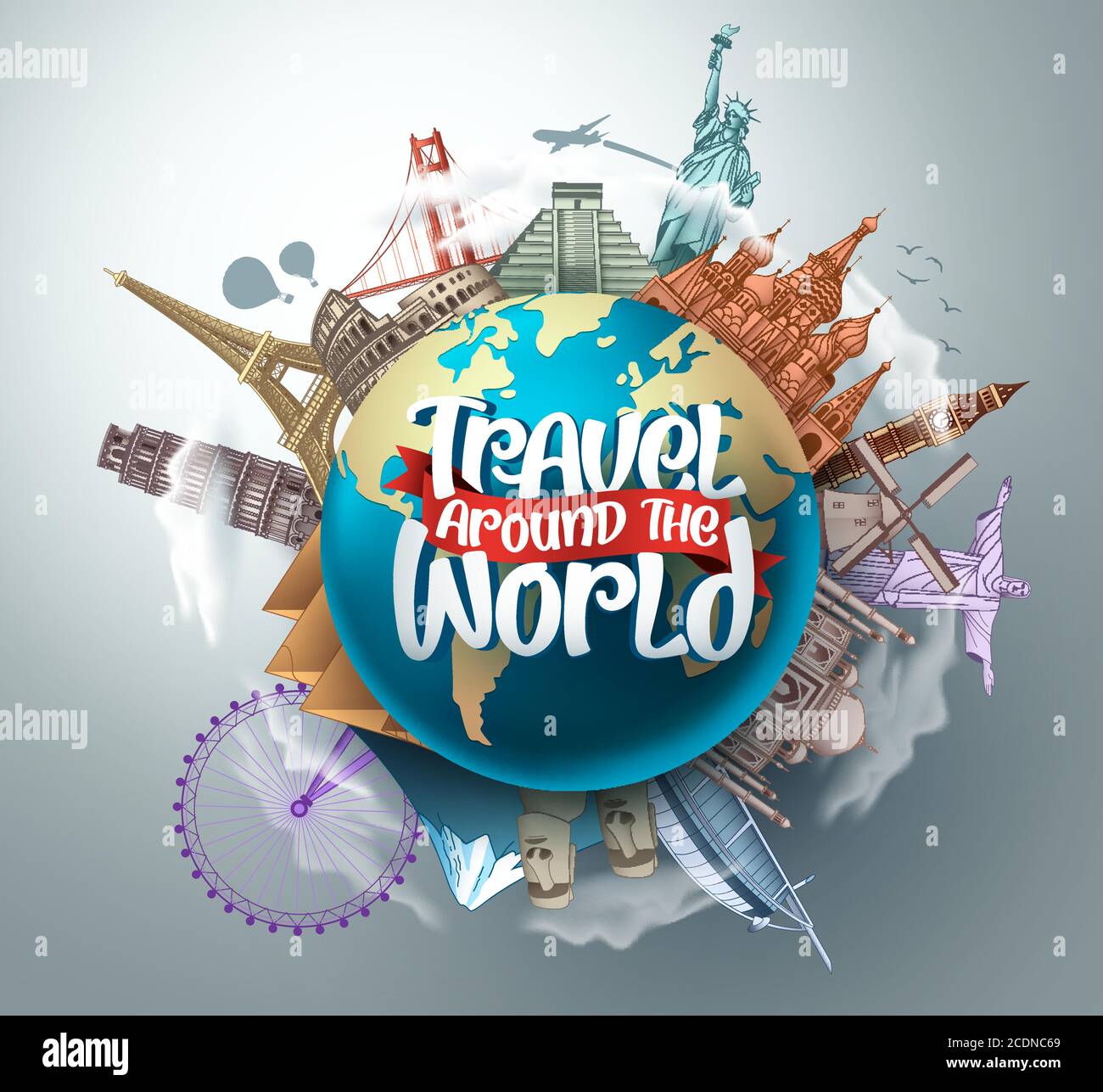 Travel around the world vector landmarks design. Travel in famous tourism landmarks and world attractions elements and text in a 3d globe empty space. Stock Vector