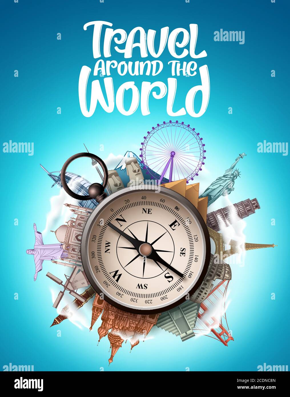 Travel around the world vector design. Travel the world famous landmarks and tourist destination with compass element for travel vacation and tour Stock Vector