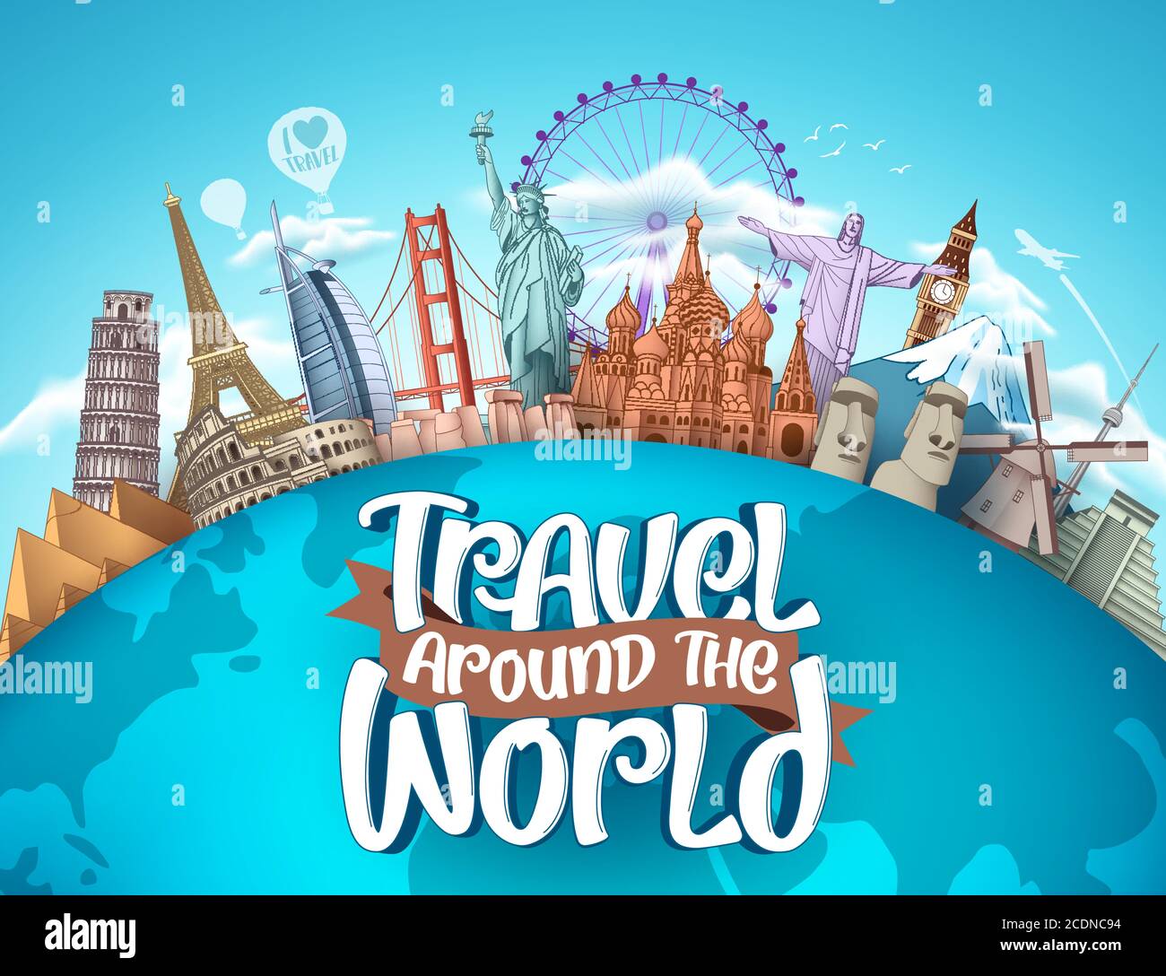 Travel around the world vector tourism design. Travel the world text, famous tourism landmarks and world attractions elements for holiday vacation Stock Vector