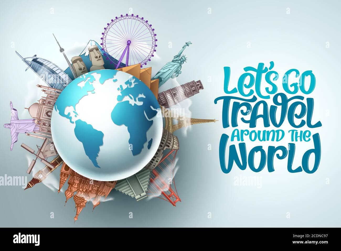 Let's go travel around the world vector design. Travel and tourism with famous landmarks and tourist destination of different countries and places Stock Vector
