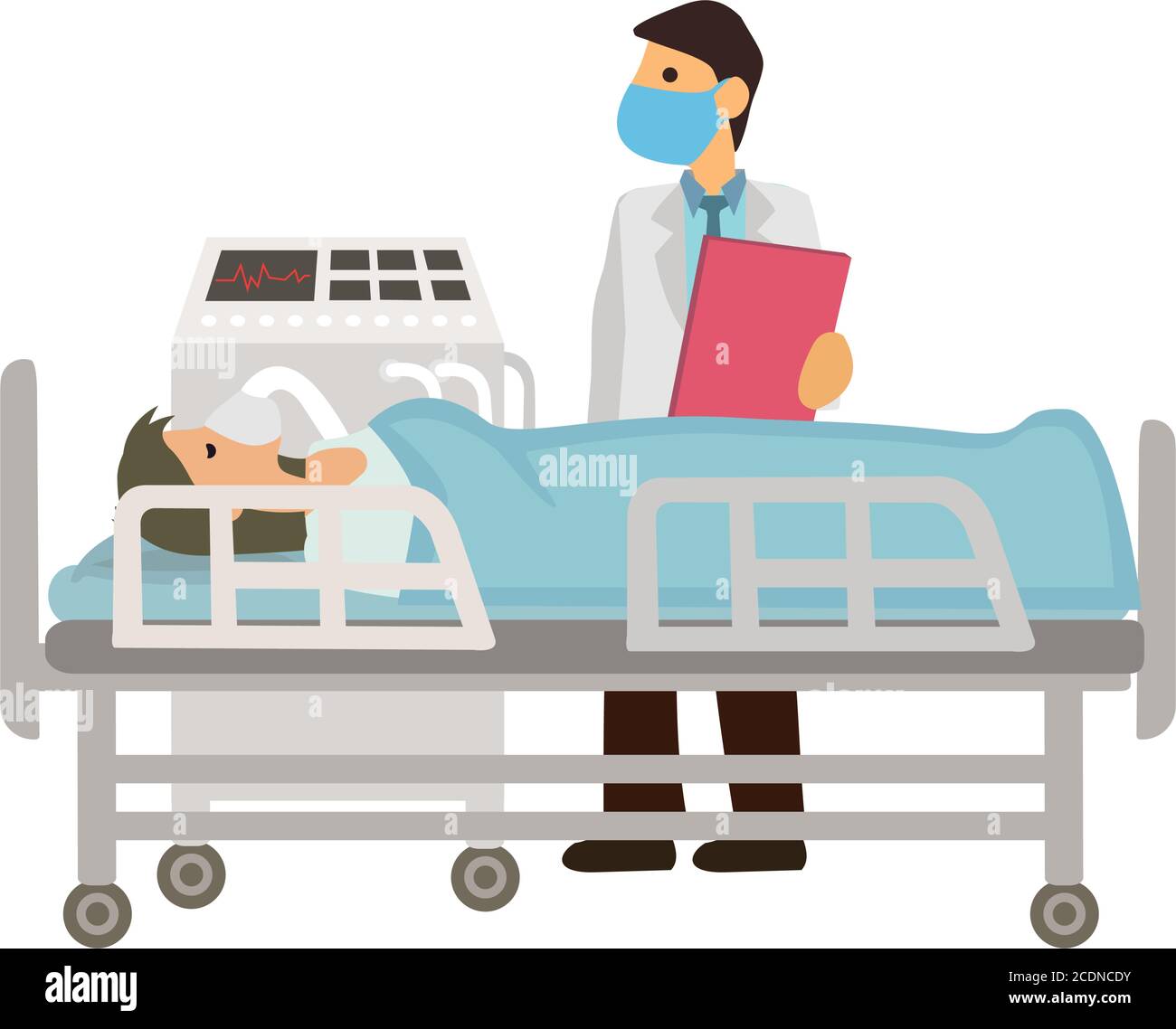Intensive care doctor examines critical woman patient receiving oxygen from a ventilation in intensive care department ward. Flat cartoon character ve Stock Vector
