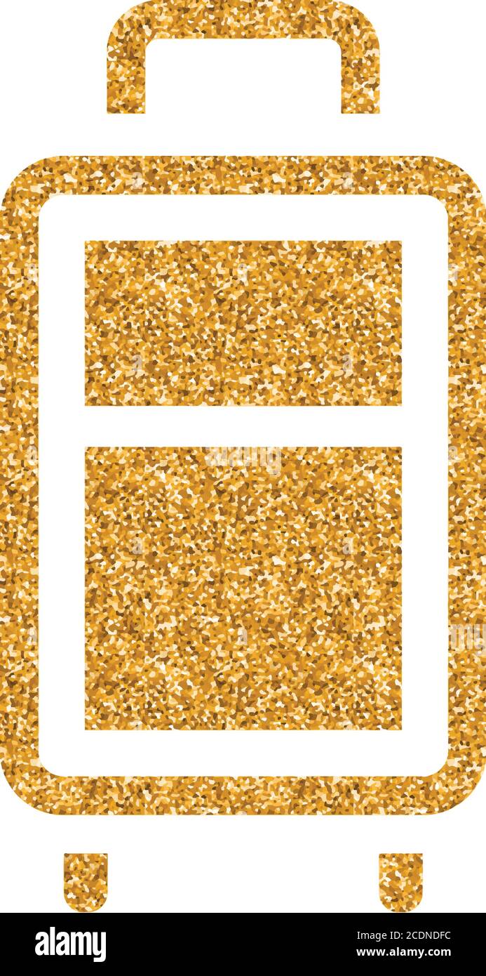 Traveling suitcase icon in gold glitter texture. Sparkle luxury style