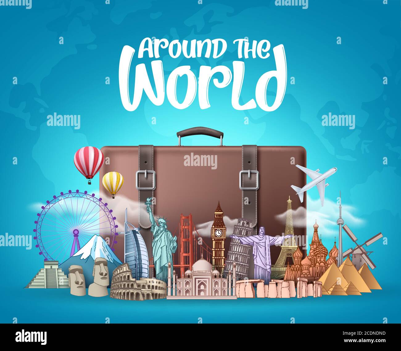 Travel around the world vector design. Travelling suitcase bag and famous landmarks around the world elements with around the world text in blue Stock Vector