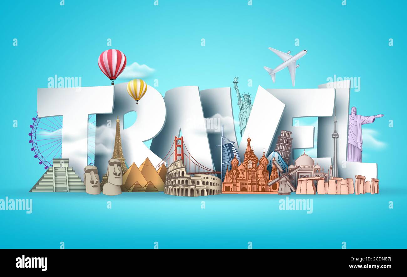 Travel 3d text vector design. Travel the world in famous landmarks and famous destinations with 3d text in blue background for adventure vacation. Stock Vector