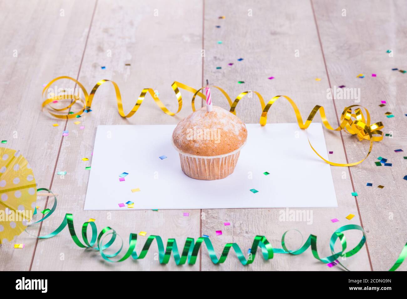 Birthday cupcake on table wood background Stock Photo