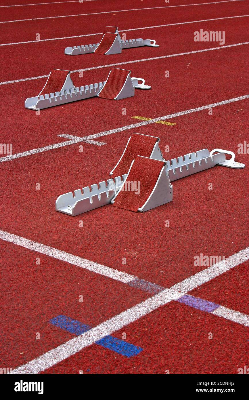 Three Starting Blocks Athletic Stock Photo Alamy