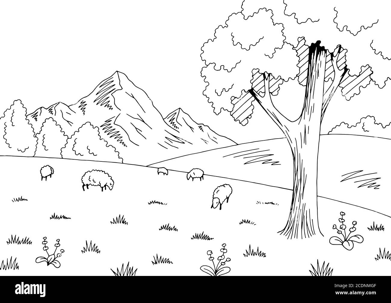 Mountain sheep graphic black white landscape sketch illustration vector Stock Vector