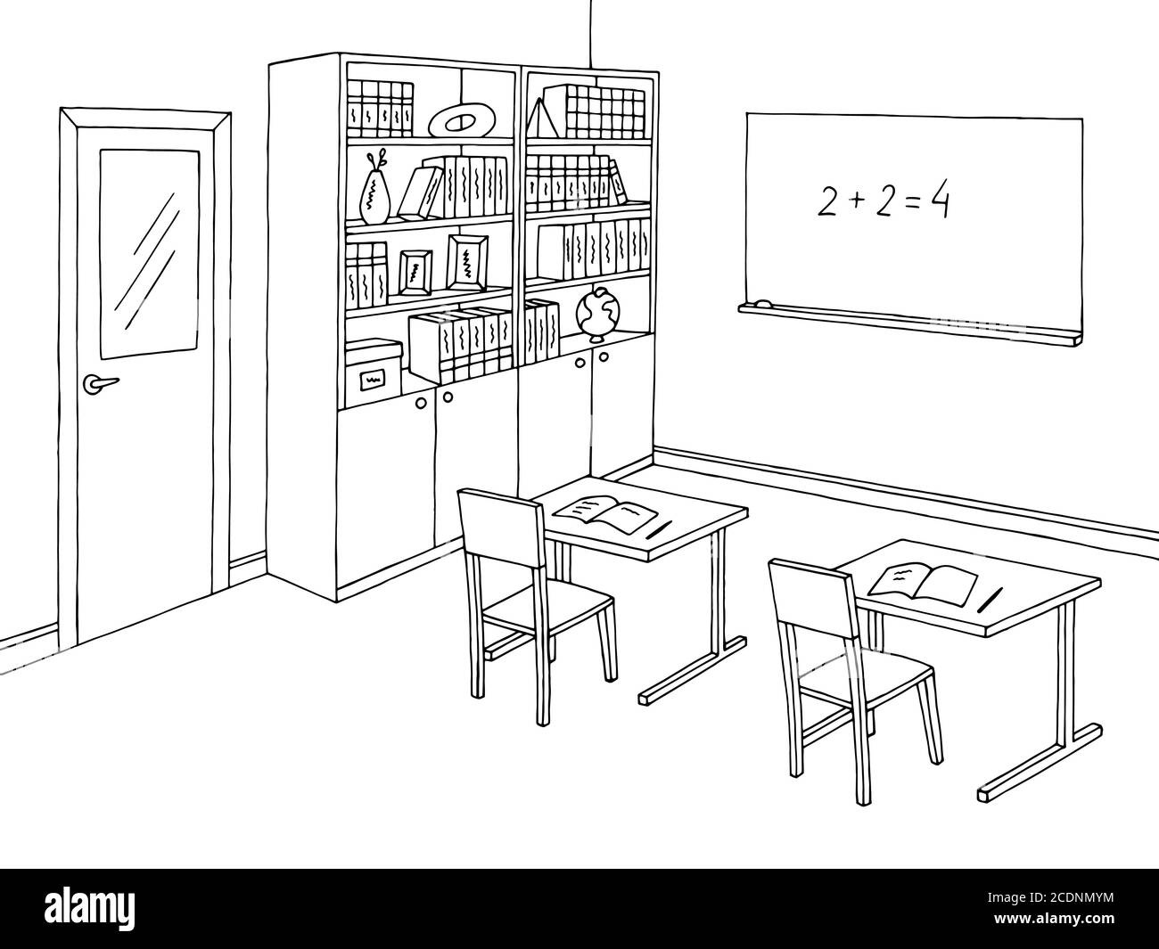 Classroom graphic black white interior sketch illustration vector Stock Vector