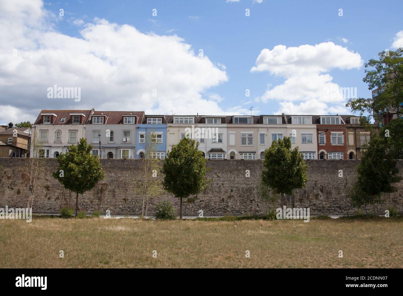 Multi coloured terraced houses on the Town Wall at West Quay in Southampton, Hampshire in the UK, taken 10th July 2020 Stock Photo