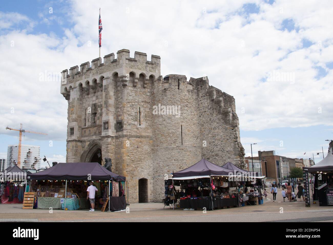 Views of Bargate in Southampton with market traders and shoppers in the UK, taken on the 10th July 2020 Stock Photo