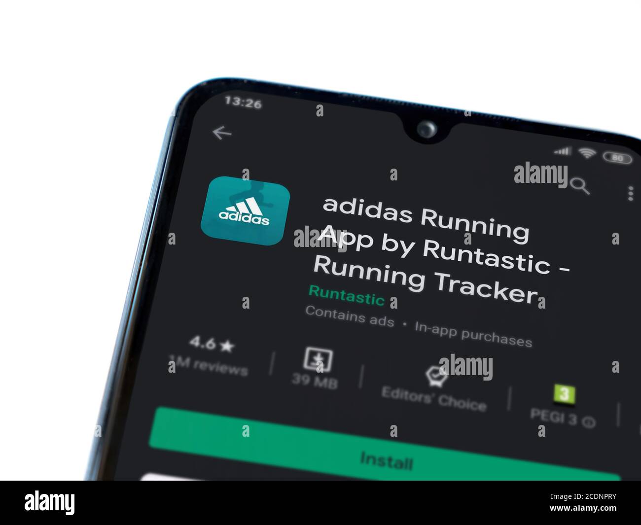 Lod, Israel - July 8, 2020: Adidas Running app play store page on the display of a black smartphone isolated on white background. Top view flat Stock - Alamy