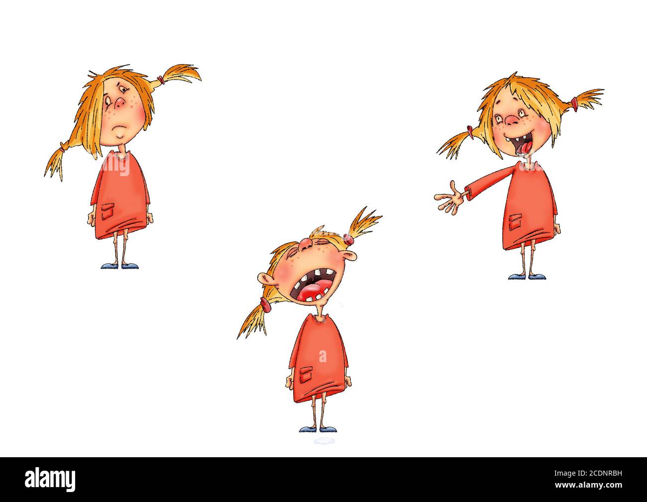 little redhaired cartoon girl in a red dress with different emotions