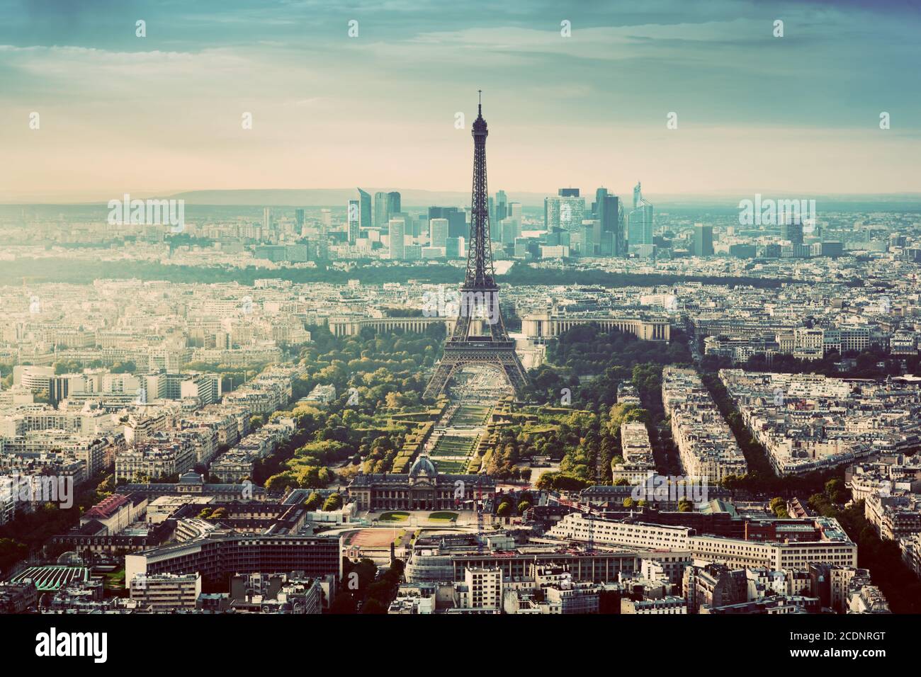 Paris, France vintage skyline, panorama. Eiffel Tower, Champ de Mars Stock Photo