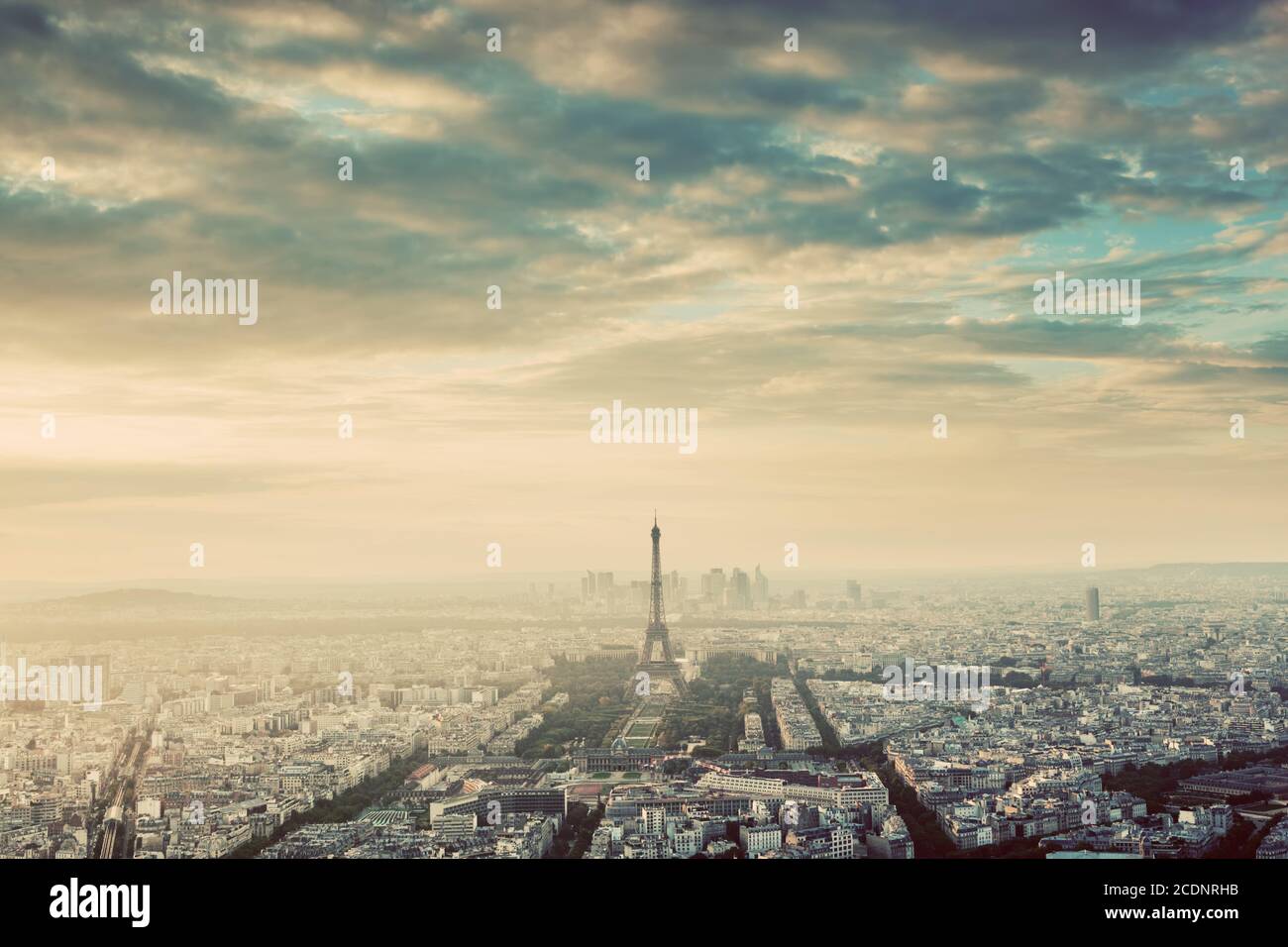 Paris, France vintage skyline, panorama. Eiffel Tower, Champ de Mars Stock Photo