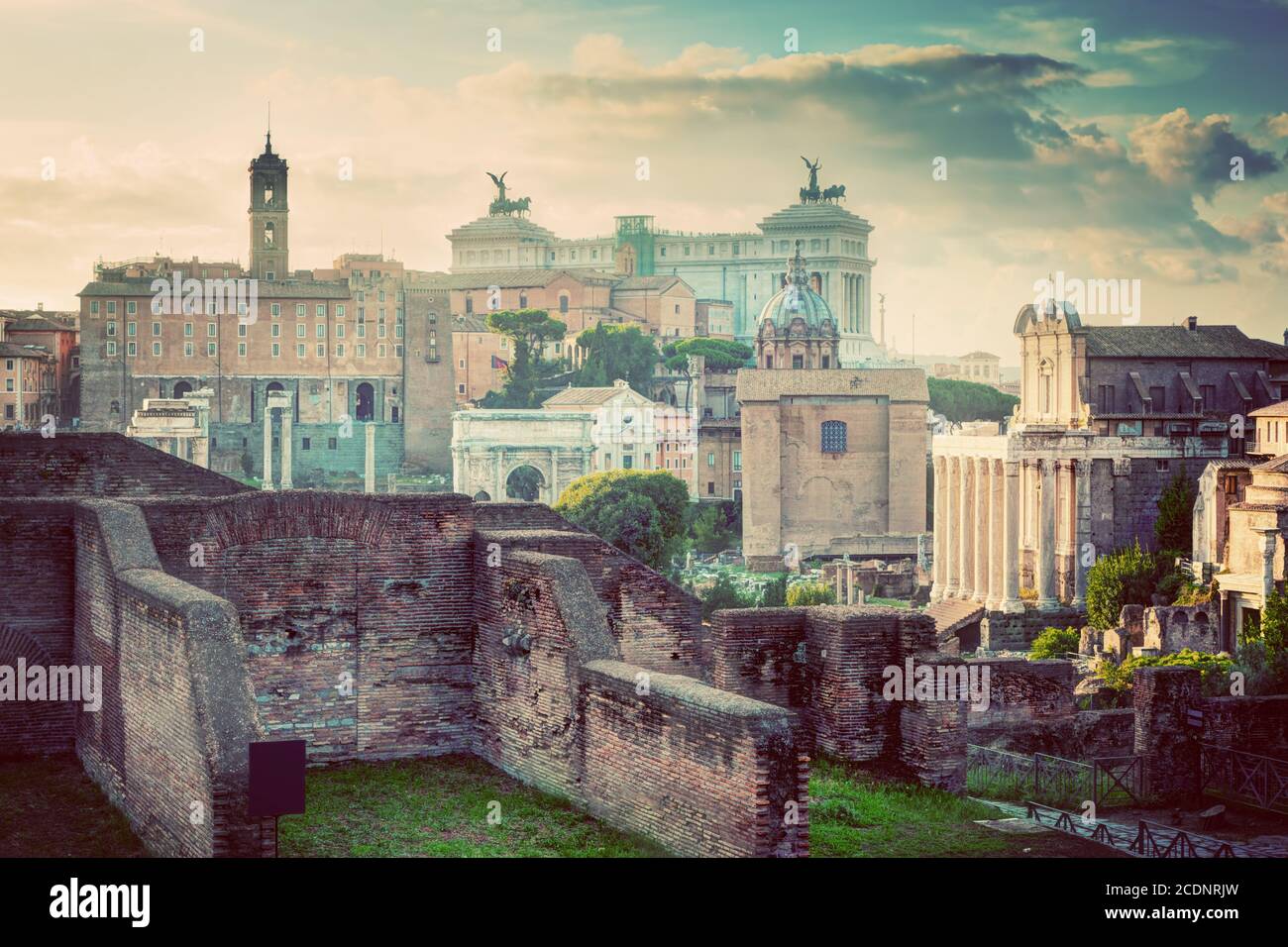 Rome, Italy vintage skyline. Roman Forum and Altare della Patria Stock Photo