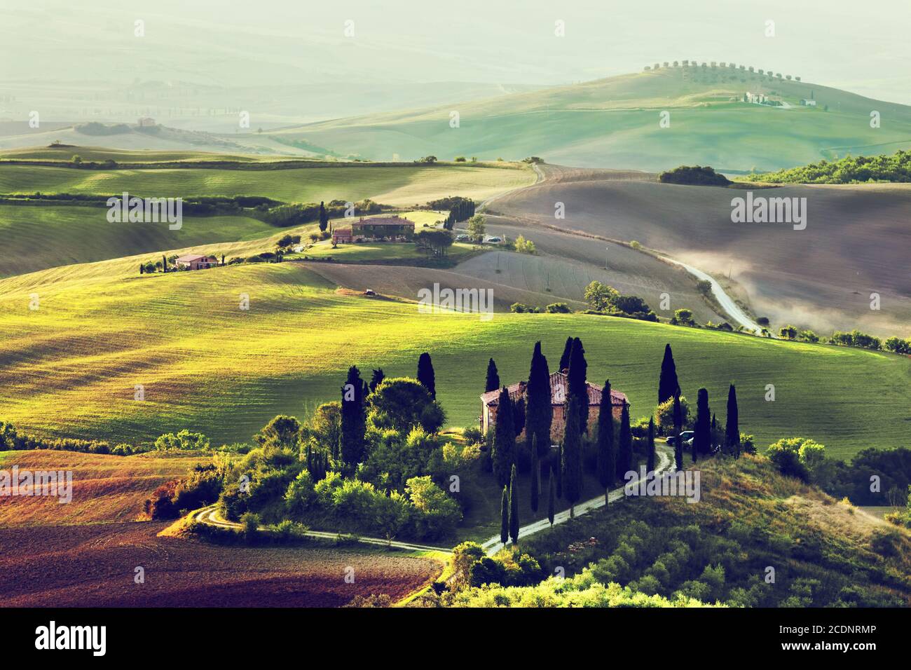 Tuscany landscape at sunrise. Tuscan farm house, vineyard, hills. Stock Photo