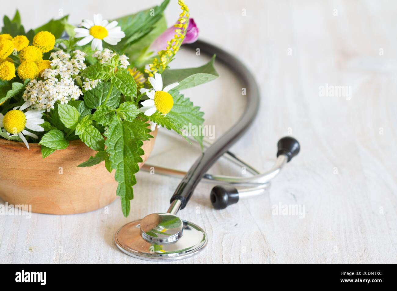 Fresh herbs and stethoscope alternative medicine concept Stock Photo