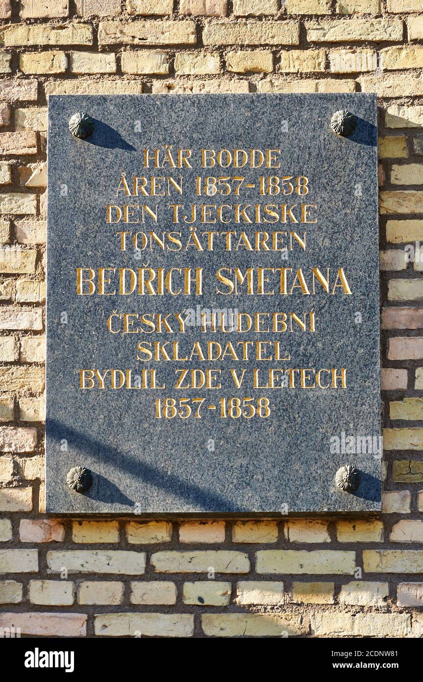 Information Board at Smetana's Dwelling, Stora Nygatan, Gothenburg, Sweden Stock Photo