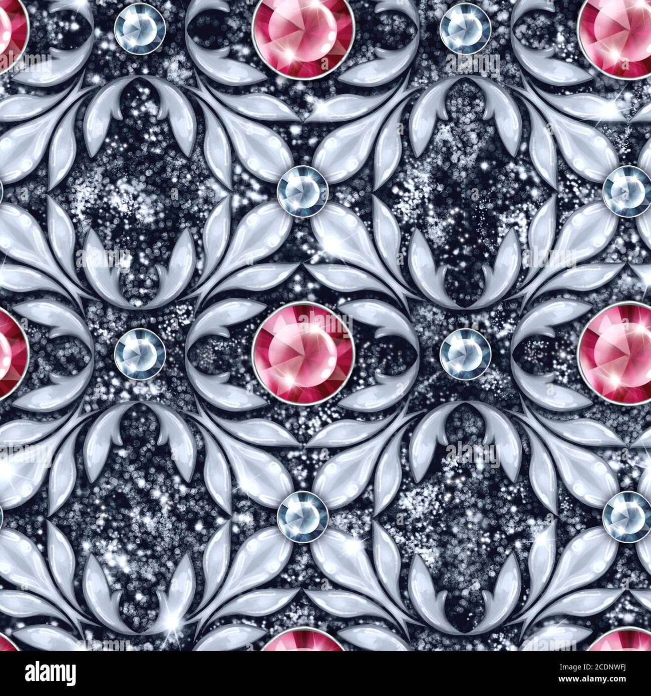 Silver jewelry seamless pattern with red gems. Stock Photo