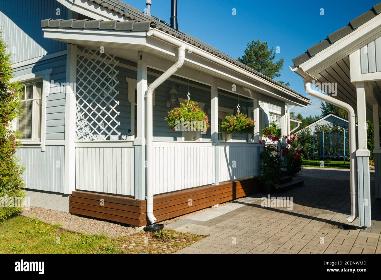 Traditional Wooden House Decorated With Flowers In Finland Stock Photo   Traditional Wooden House Decorated With Flowers In Finland 2CDNWMD 