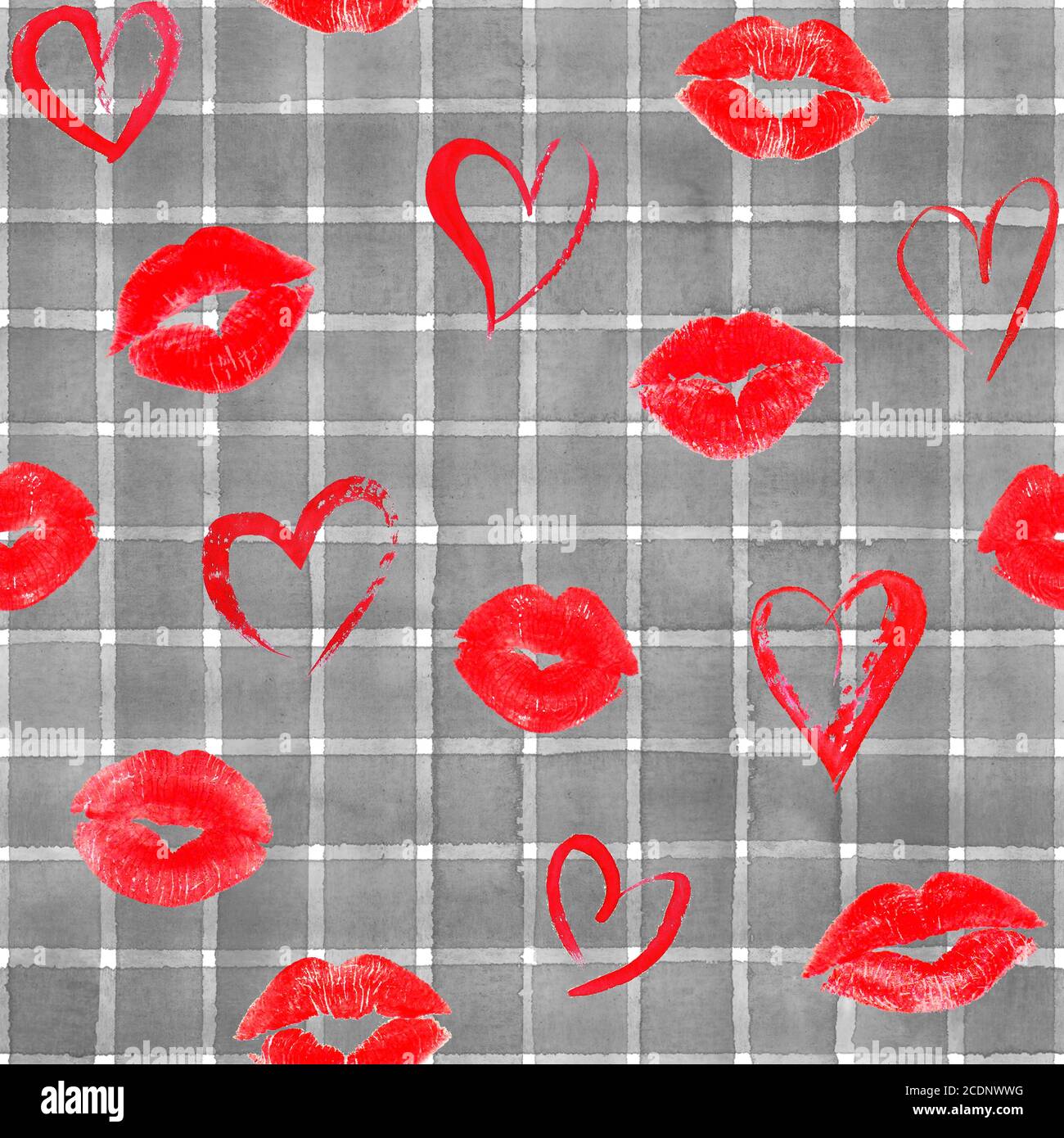 Fashion background with watercolor red hearts and lips on grey plaid  stripes seamless pattern. Watercolour hand painted striped old grunge  texture. Pr Stock Photo - Alamy