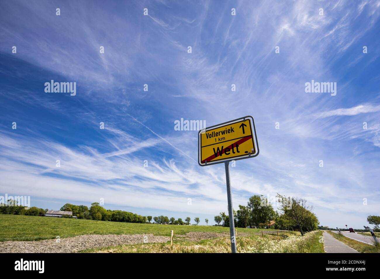 Village exit sign Welt in North Frisia means also the end of the world Stock Photo