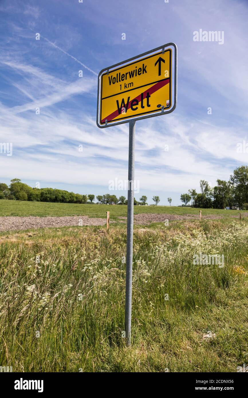 Village exit sign Welt in North Frisia means also the end of the world Stock Photo