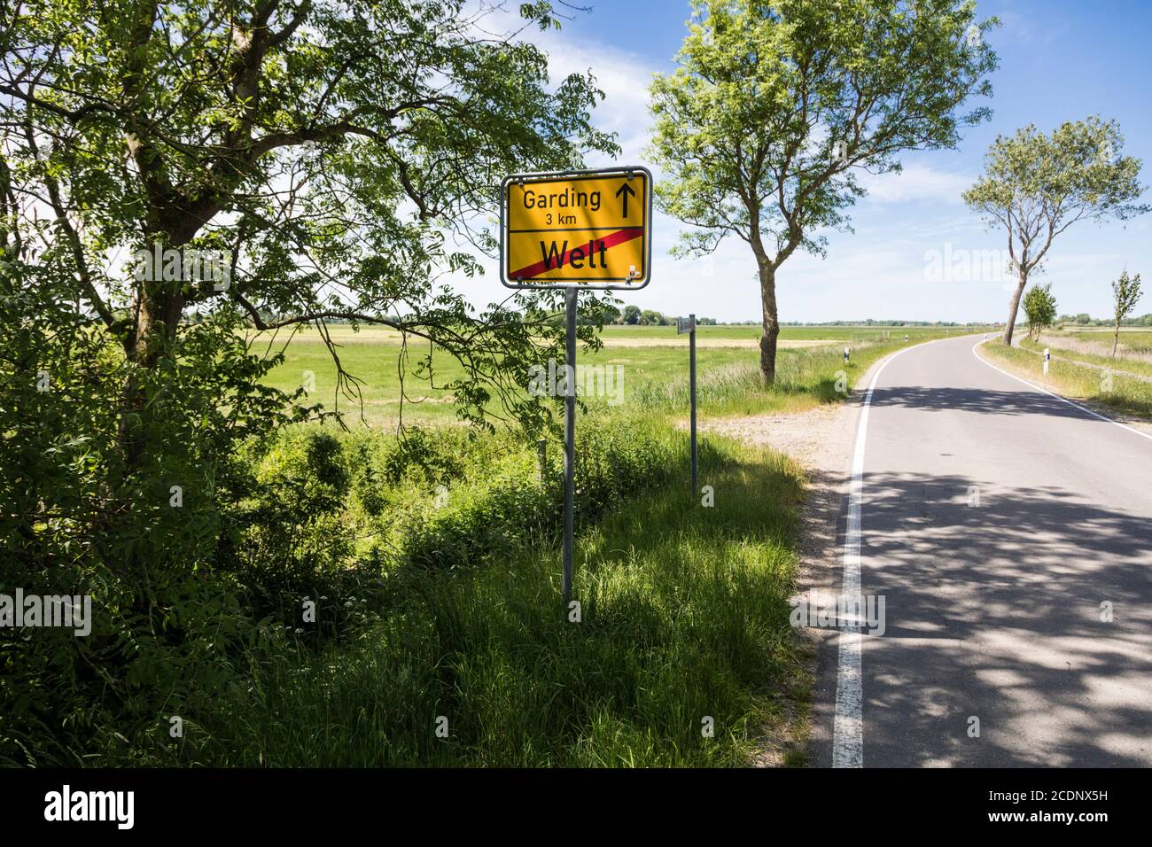 Village exit sign Welt in North Frisia means also the end of the world Stock Photo