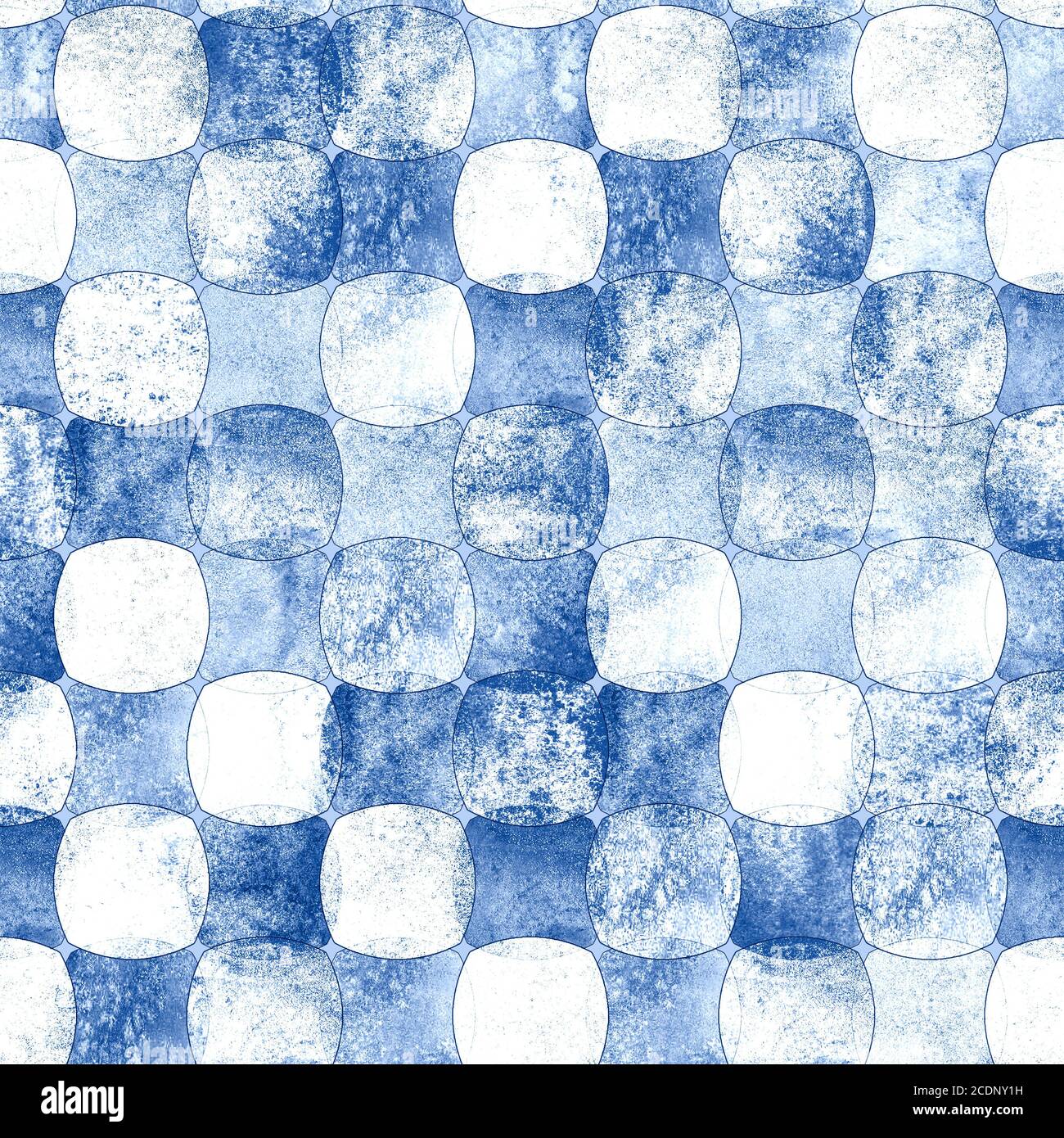 Seamless geometric pattern with grunge polka dot monochrome indigo blue navy watercolor abstract overlapping shapes checkered background. Watercolour Stock Photo