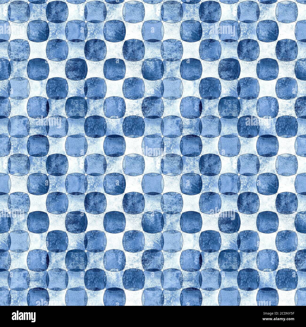 Indigo blue navy seamless geometric pattern with grunge polka dot monochrome watercolor abstract overlapping shapes checkered background. Watercolour Stock Photo