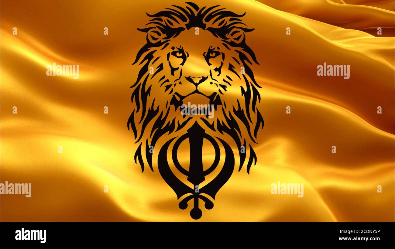 The Lion and main symbol of sikhism is the khanda sign on the background of an orange waving Khalistan flag Stock Photo