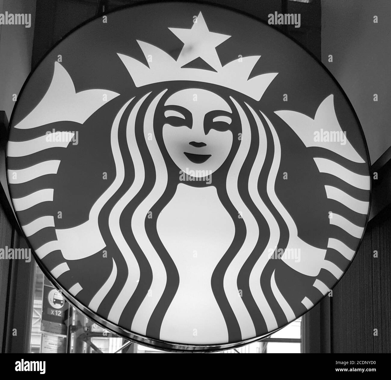 Starbucks coffee logo, black and white image, New York City, United States Stock Photo