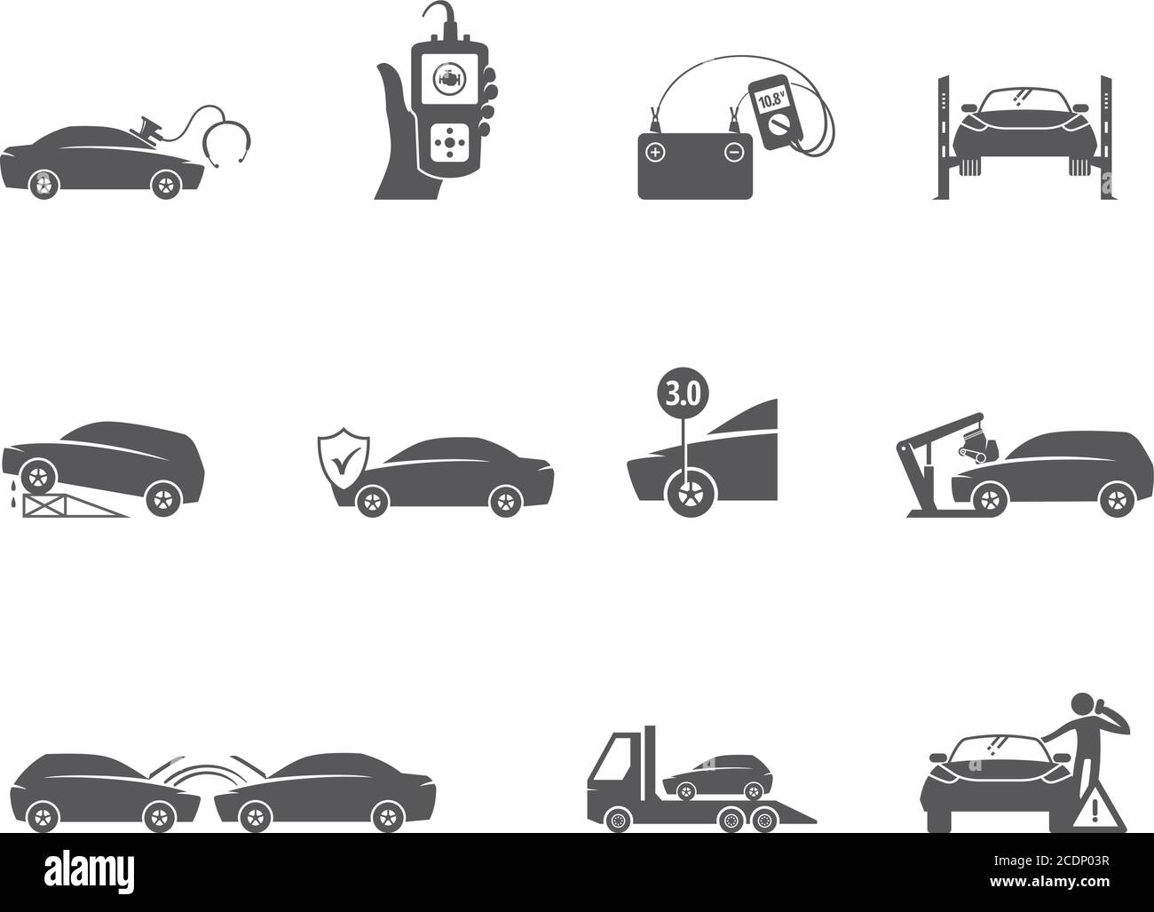 Car repair icons in black and white. Automotive vehicle maintenance service. Vector illustrations. Stock Vector
