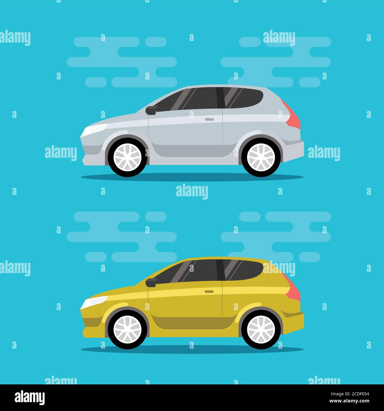 Hatchback cars in flat color style. City mini vehicle transportation icons. Vector illustrations. Stock Vector