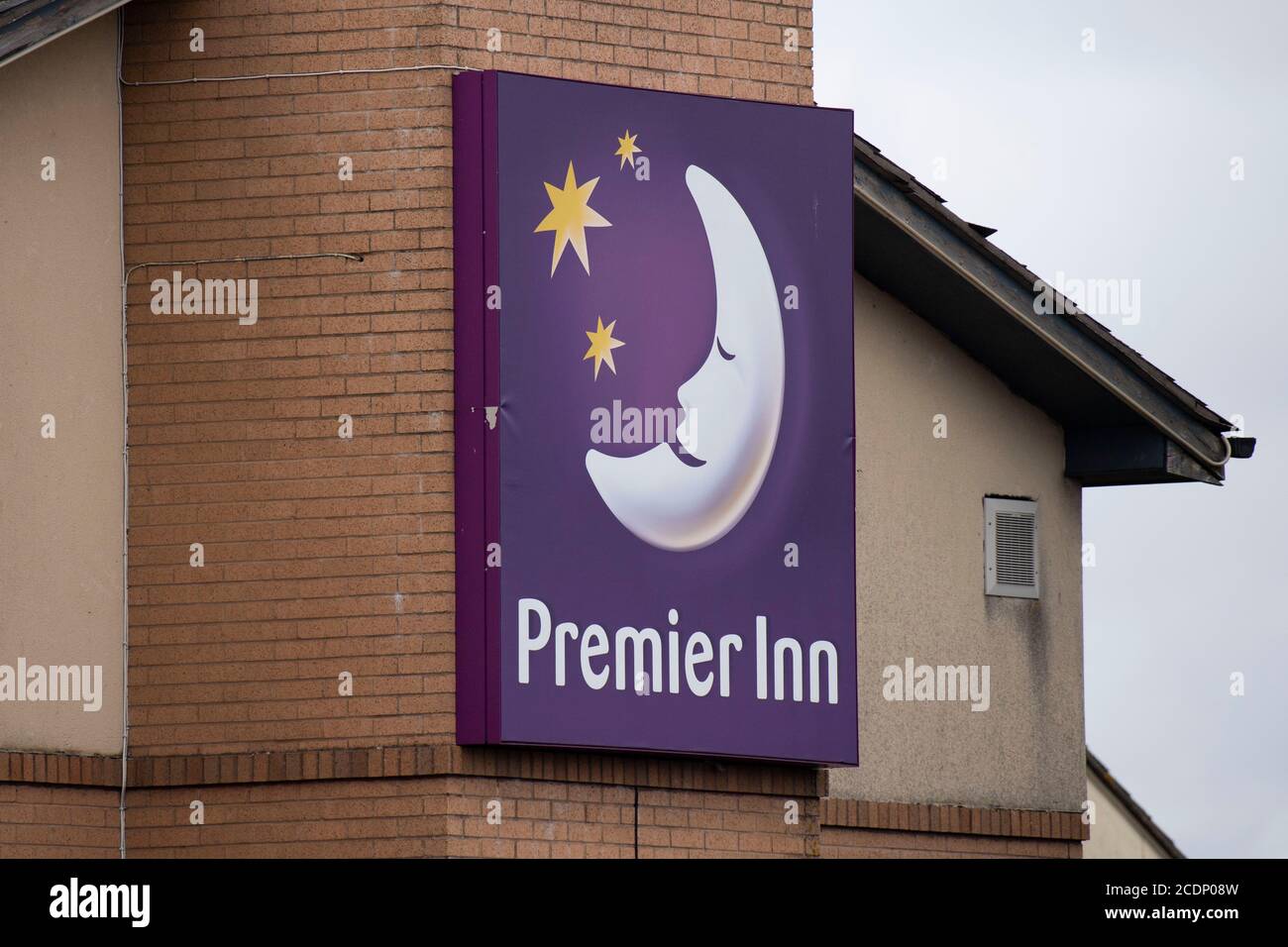 A close-up of a Premier Inn sign in Bristol, England, United Kingdom. Stock Photo