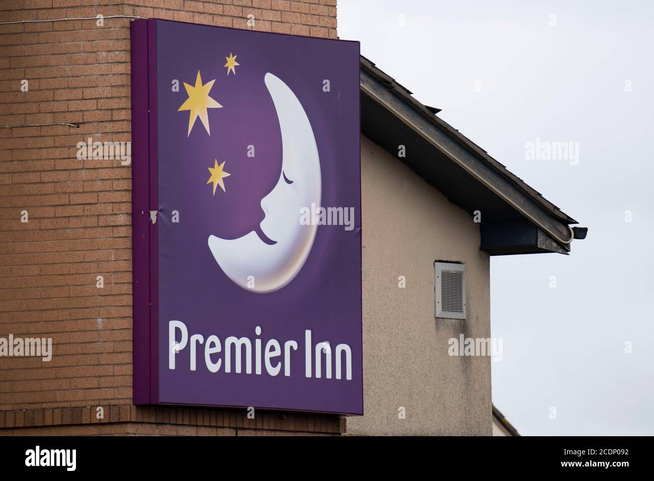 A close-up of a Premier Inn sign in Bristol, England, United Kingdom. Stock Photo