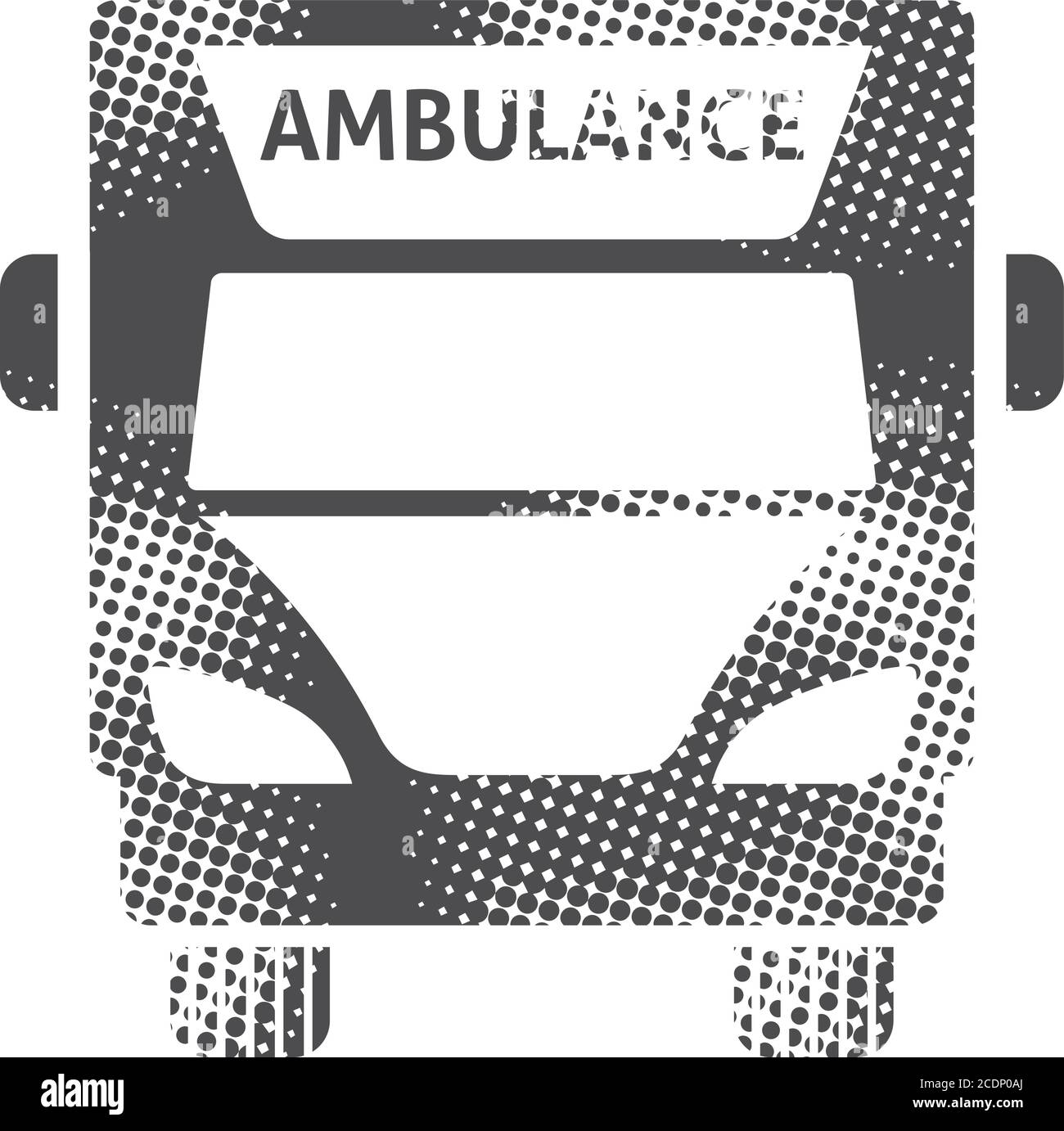 Ambulance icon in halftone style. Black and white monochrome vector illustration. Stock Vector