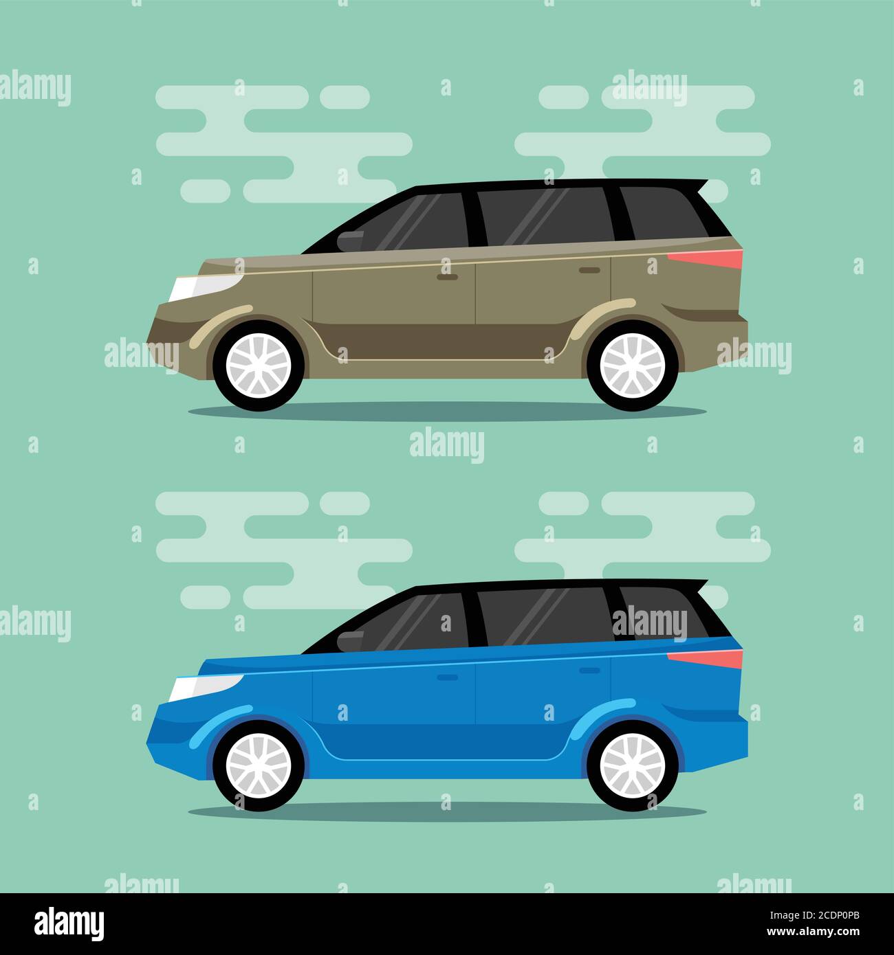 Beige and blue cars in flat color style. Sport utility vehicle transportation icons. Vector illustrations. Stock Vector