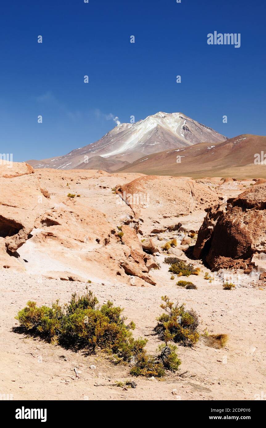 South America - The surreal landscape in the Eduardo Avaroa National Reserve of Andean Fauna near Chilean border. The picture present volcano Ollague Stock Photo