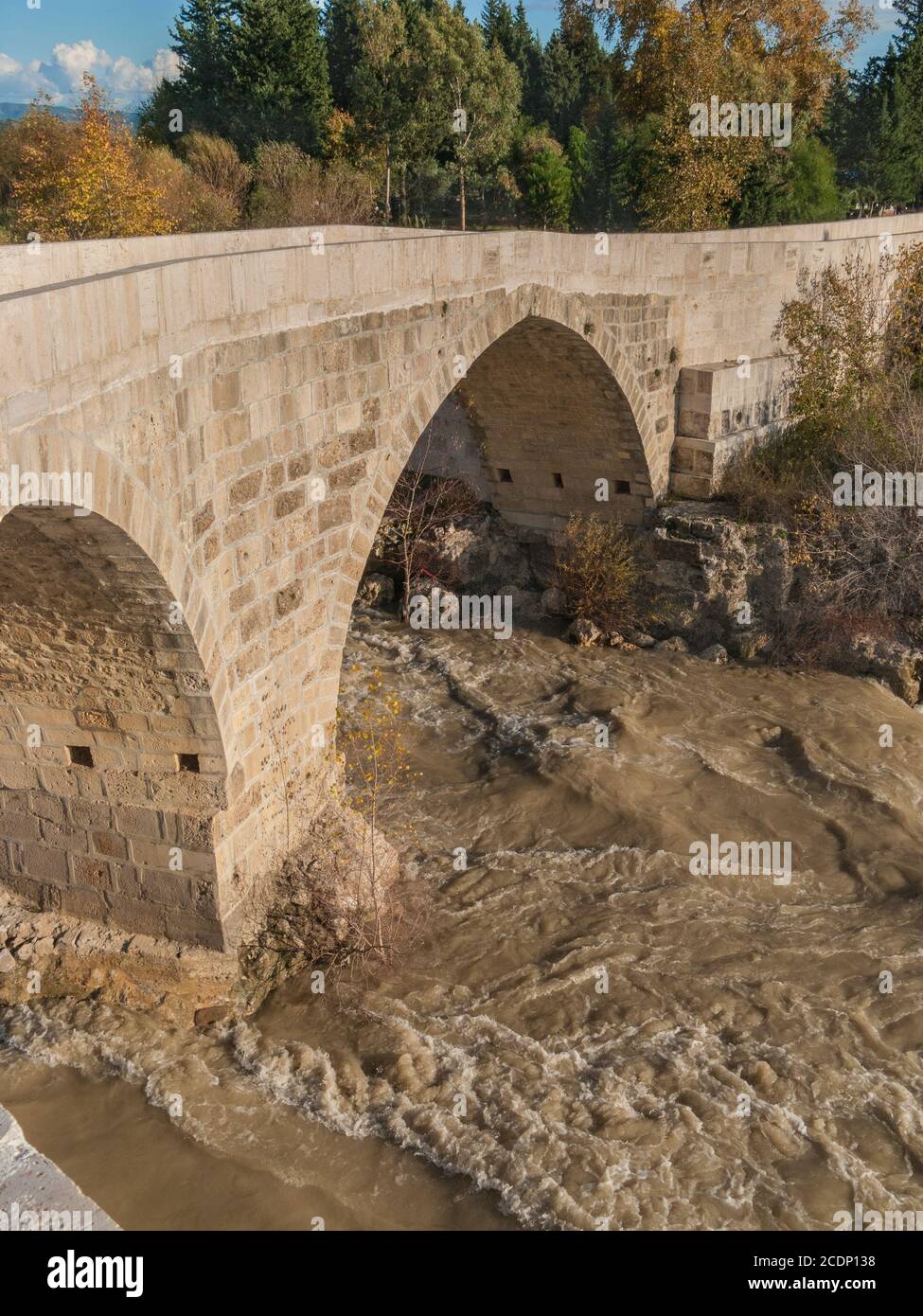 Bridge over the Eurymedon with two arches overlooking the downstream side Stock Photo