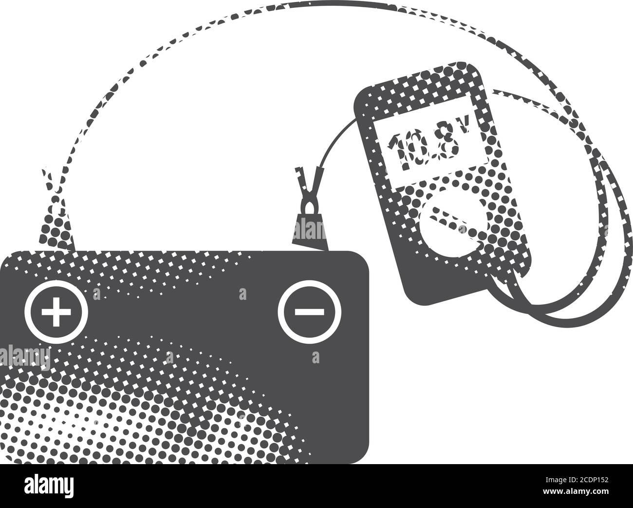 Car battery and multimeter icons in halftone style. Automotive vehicle maintenance service. Black and white monochrome vector illustration. Stock Vector