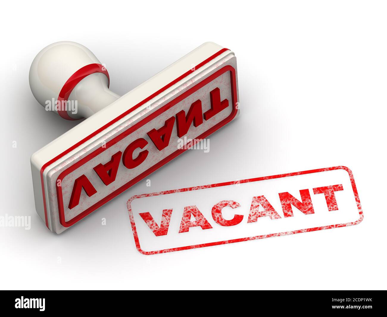 Vacant. The stamp and an imprint. The white seal and red imprint VACANT on white surface. 3D illustration Stock Photo