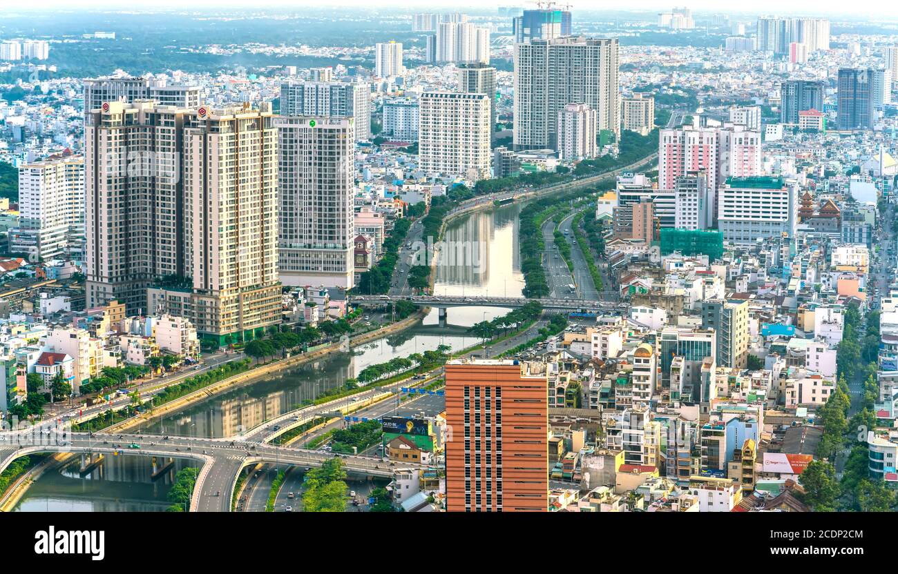 High view Saigon central skyline when afternoon down urban areas with