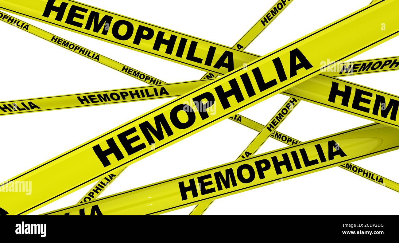 Yellow warning tapes with black words HEMOPHILIA (a medical condition in which the ability of the blood to clot is severely reduced). Isolated Stock Photo