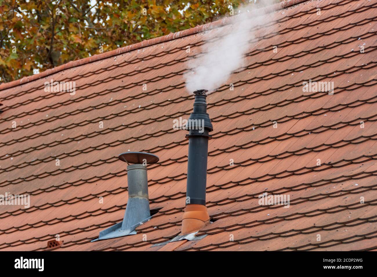 Two old chimneys on a tile roof Stock Photo