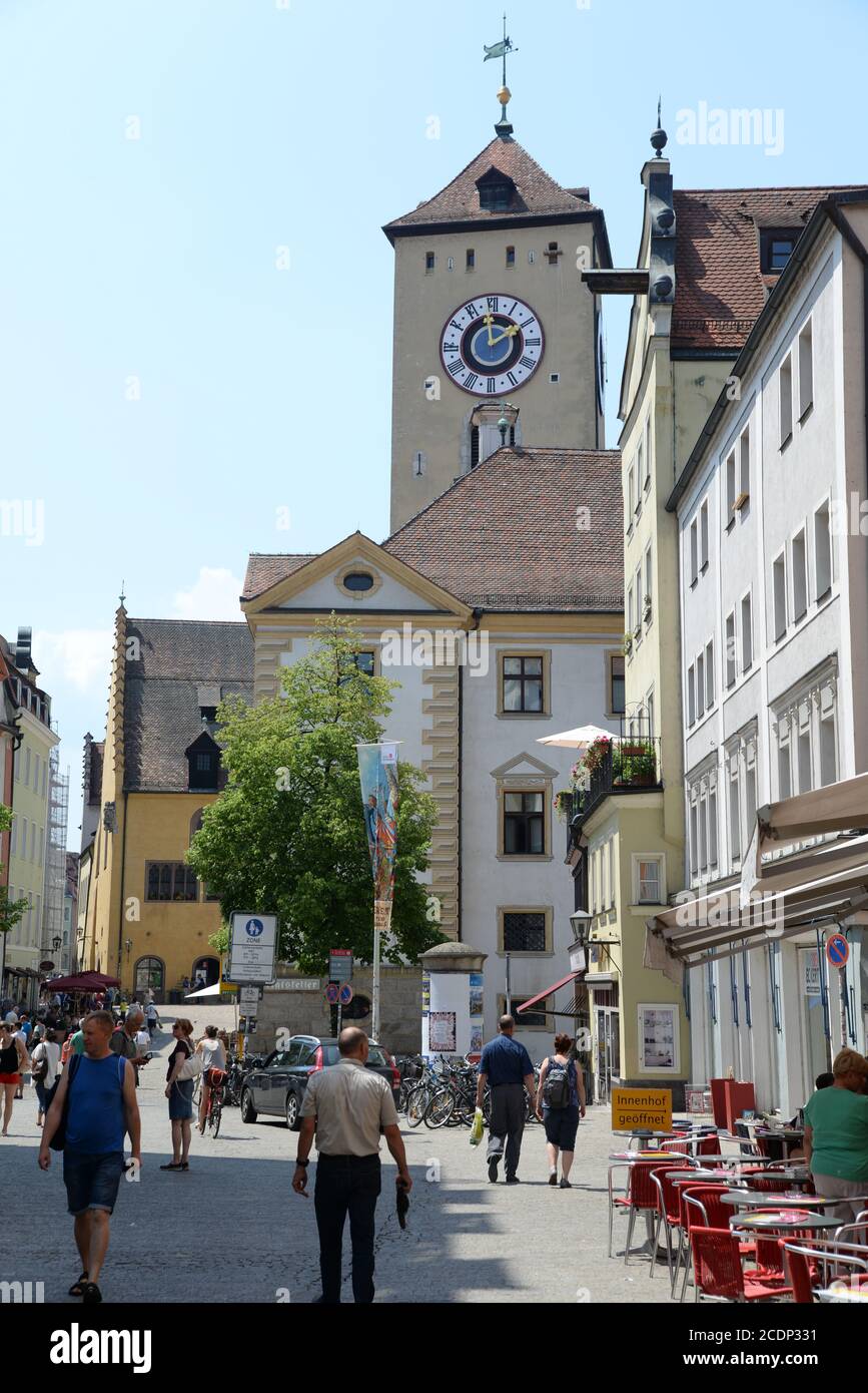 Coal market and town hall tower in Regensburg Stock Photo