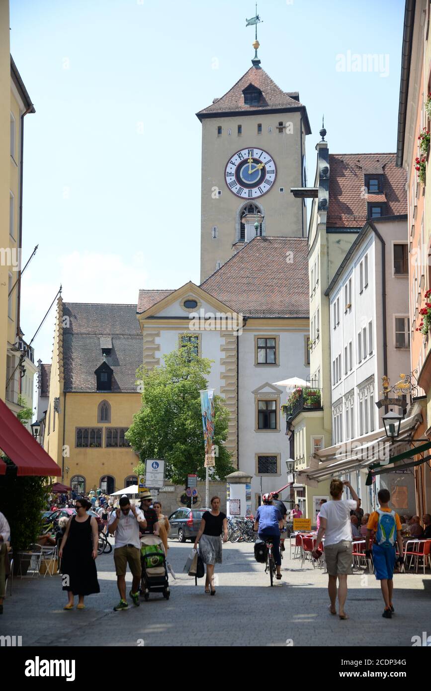 Coal market and town hall tower in Regensburg Stock Photo